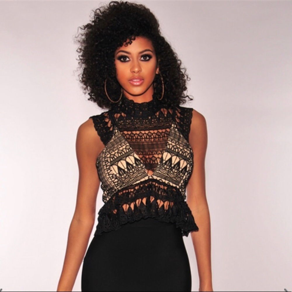 HOT MIAMI STYLES Black Sheer Crochet Flare top